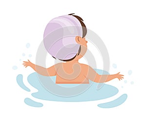 Happy Boy in Swimming Pool Wearing Cap Splashing in Water Back View Vector Illustration