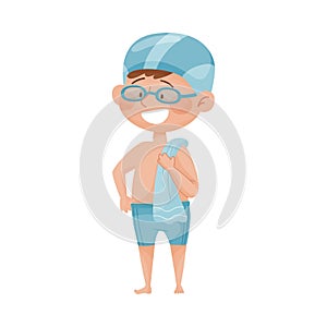 Happy Boy in Swimtrunks and Watersport Goggles Holding Towel Vector Illustration