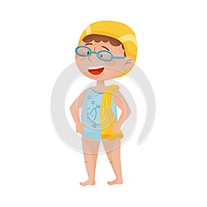 Happy Boy in Swimtrunks and Watersport Goggles Holding Towel Vector Illustration