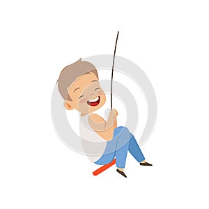 Happy boy swinging on a rope swing, little kid having fun outdoor vector Illustration on a white background