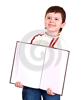 Happy boy take open book.