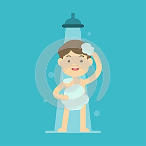 Happy boy taking shower in bathroom concept, Flat vector illustration.