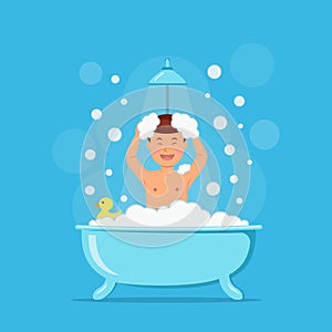 Happy boy taking shower. Child in bath with soap bubbles and duck on blue background. Vector illustration in flat style