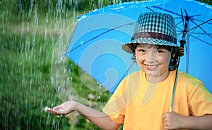 Happy boy with umbrella outdoors