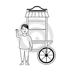 Happy boy waving and pop corn cart icon, flat design