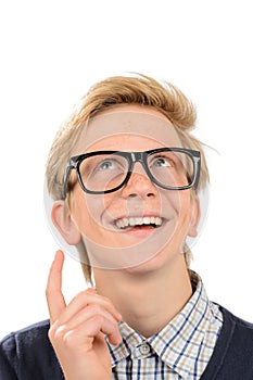 Happy boy wearing geek glasses having idea