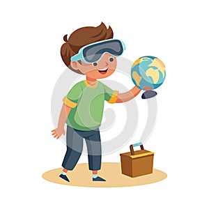 Boy with VR Goggles Holding Globe - Future Technology and Education