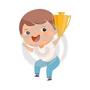 Happy Boy Winner with Gold Cup or Goblet Jumping with Joy Vector Illustration