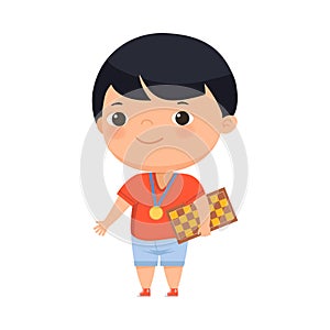 Happy Boy Winner with Gold Medal and Chessboard Vector Illustration