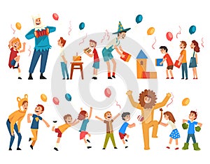 Happy Boys and Girls Having Fun with Animator at Birthday Party Big Vector Set