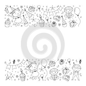 Happy boys and girls. Little kindergarten preschool children. Birthday party celebration. Icons for banners, posters