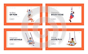 Happy Boys and Girls Swing Landing Page Template Set. Little Children Characters Sit on Rope Teeterboard on Playground