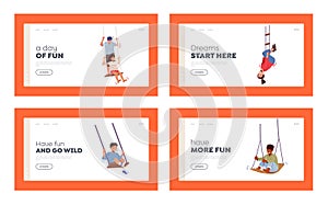 Happy Boys and Girls Swing Landing Page Template Set. Little Children Characters Sit on Rope Teeterboard on Playground photo