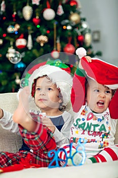 Happy boys playing with Christmas tree in the background