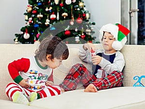 Happy boys playing with Christmas tree in the background