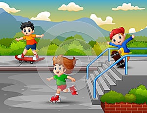 Happy boys ride using rollerblades and skateboard