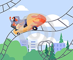 Happy boys riding on roller coaster flat style, vector illustration