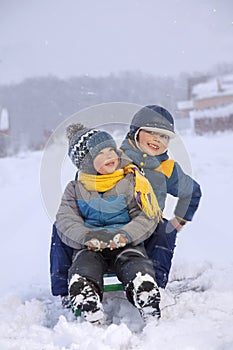 Happy boys on sled