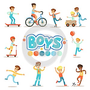 Happy Boys And Their Expected Classic Behavior With Active Games And Sport Practices Set Of Traditional Male Kid Role photo