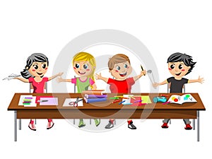 Happy brat kids children sitting desk school isolated photo