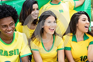 Happy brazilian soccer fans with flag at stadium