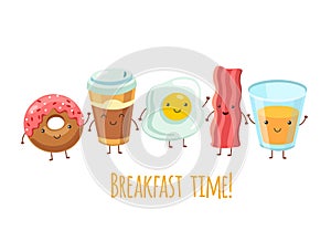 Happy breakfast characters. Egg sandwich coffee. Breakfast meal fried bacon. Cartoon funny food friends vector set