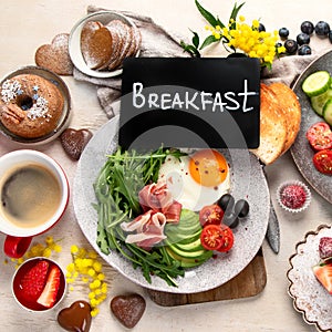 Happy breakfast table with coffee