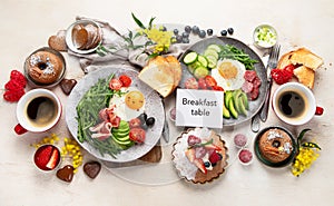 Happy breakfast table with coffee