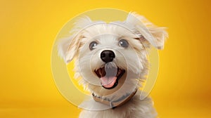 Happy breed puppy dog smiling on isolated yellow bright background