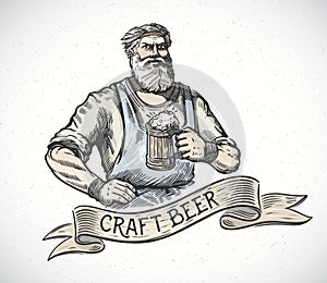 Happy brewer in engraving style.