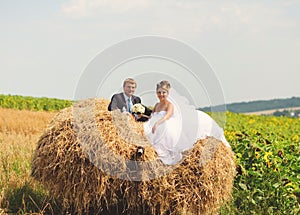 Happy bride and grom on the heap of hay photo