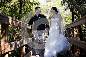 Happy Bride and Groom on boardwalk