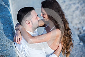 Happy bride and groom. Cheerful married couple. Just married couple embraced. Wedding couple