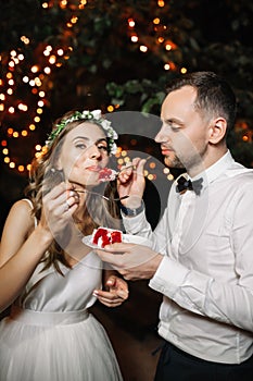 Happy bride and groom cut the wedding cake in the front garland light decoration. Wedding evening outdoor.