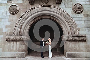 Happy bride and groom near old castle