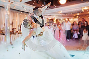 Happy bride and groom their first dance