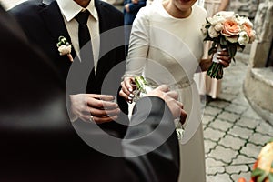 Happy bride and groom toasting and laughing, funny moment,  gorgeous wedding reception