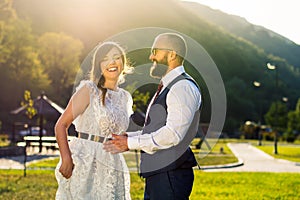 Happy bride and groom at wedding ceremony