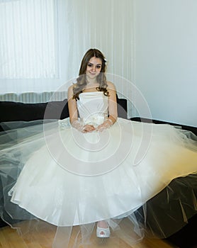 Happy bride on white background. dress