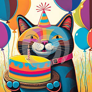 Happy bright colored cat, smiling with birthday cake, candles, hat and balloons