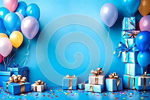 Happy Brithday blue background with balloons and gifts