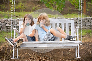 Happy brother and sister swinging on swing in summer park outdoors. Little boy and girl kids drink green smoothie