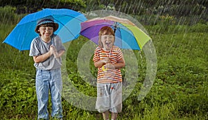 Happy brother with umbrella outdoors