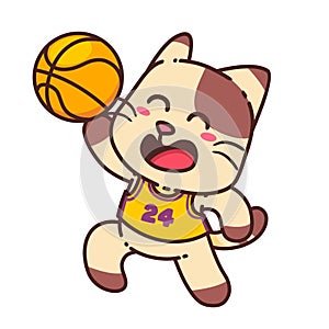Happy Brown Cat Play Basketball Sport cartoon doodle vector illustration flat design
