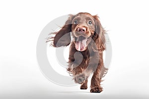 Happy brown cocer spaniel puppy running isolated on a white background photo