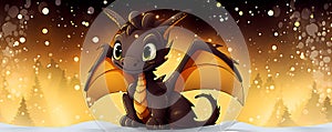 Happy brown dragon with yellow wings and big eyes on blurred background with abstract bokeh