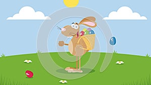 Happy Brown Easter Rabbit Running With A Basket And Egg