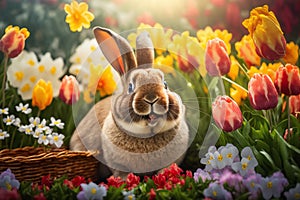 happy brown Rabbit next to a basket on a meadow