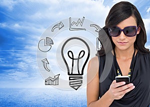 Happy brunette using smartphone