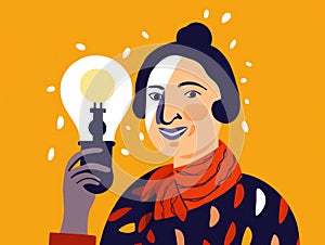 Happy brunette woman with light bulb in hands creativity idea created with Generative AI
